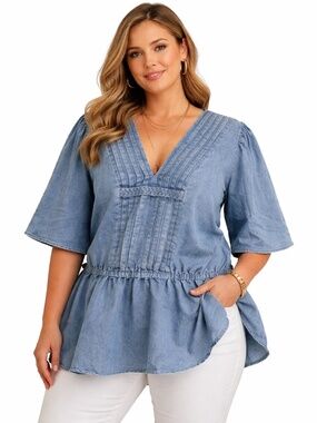 Ashley Stewart size 14 V-Neck Chambray Peplum Tunic Top - Light Blue/Denim